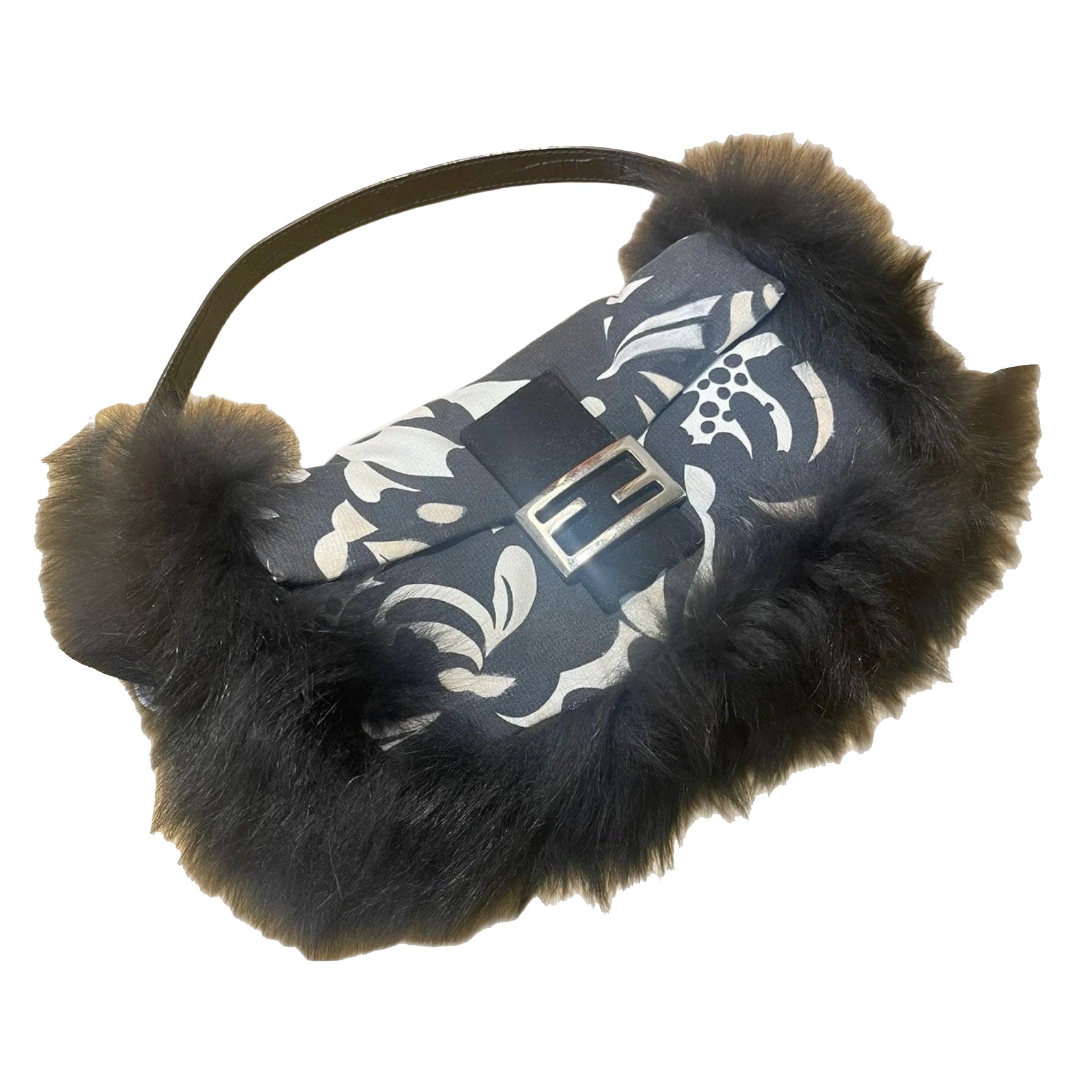 Fendi Baguette Black Print Fabric and Furry Shoulder Bag For Sale