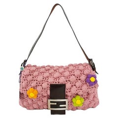Fendi Baguette Bag Pink Crochet Knit Wool Pompom and Flowers Shoulder Bag