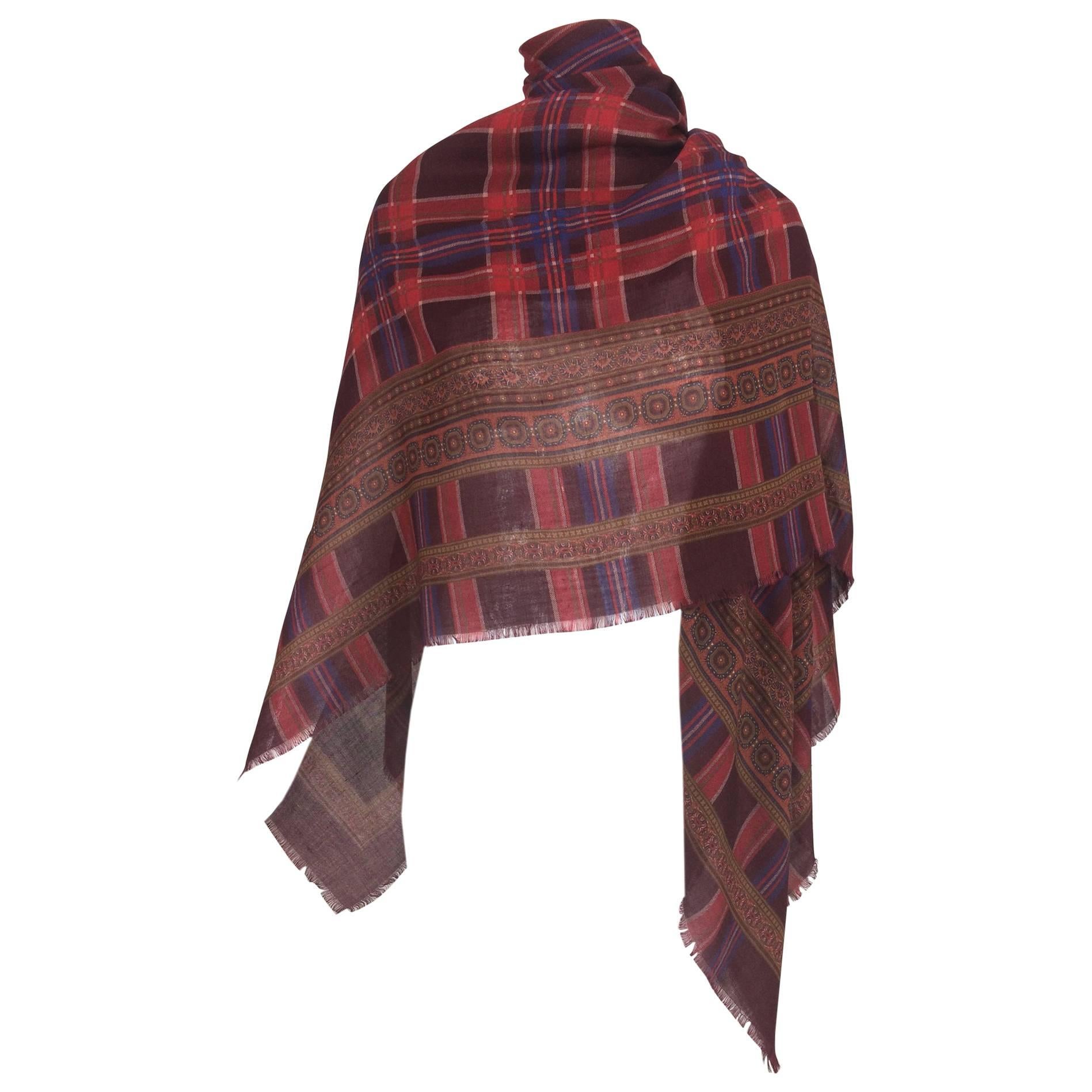Yves St Laurent cashmere and silk mix plaid and print large shawl scarf 1990s