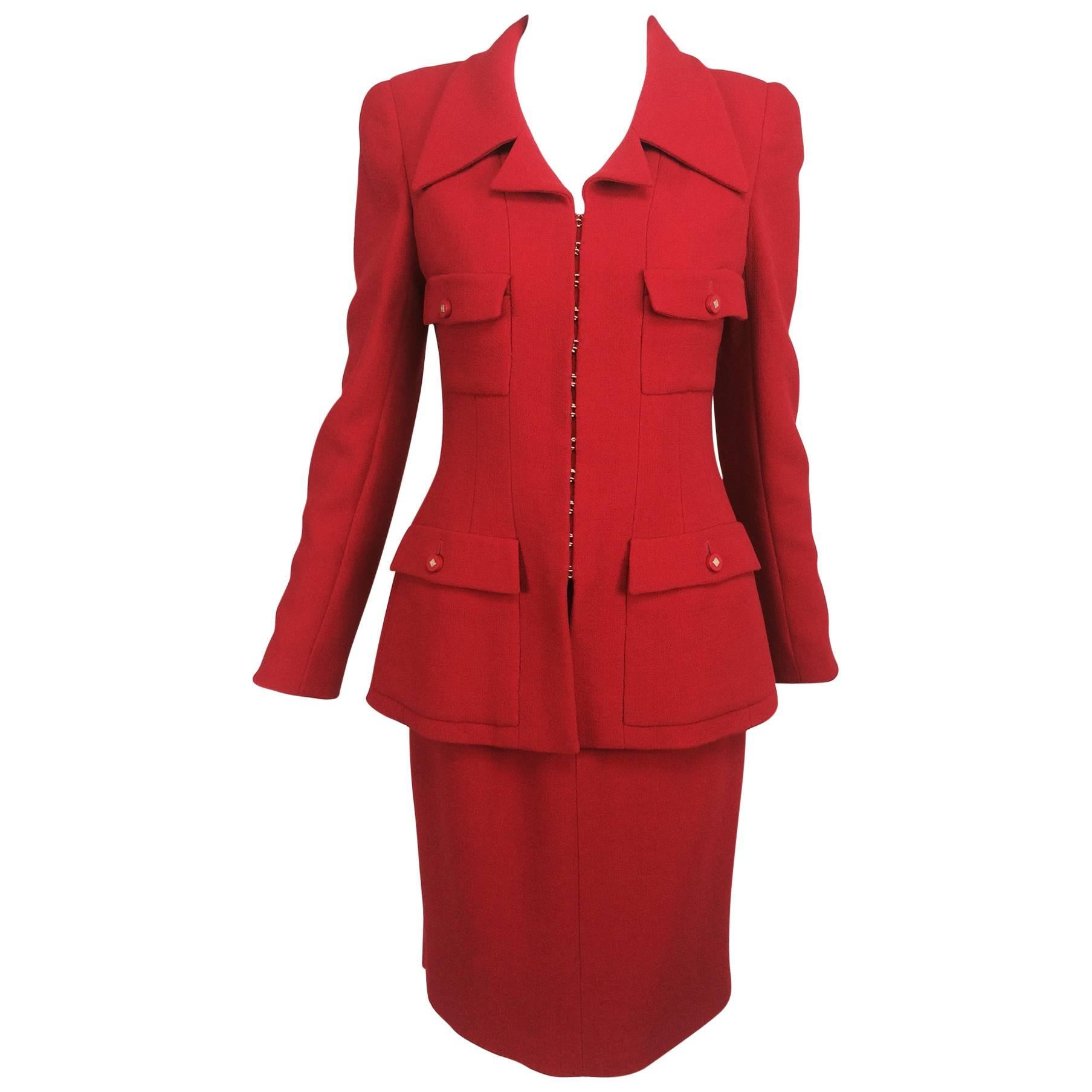 Vintage Chanel fire engine red wool military inspired suit 1996A