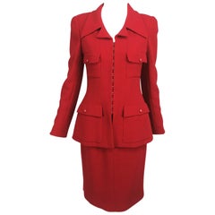 Retro Chanel fire engine red wool military inspired suit 1996A