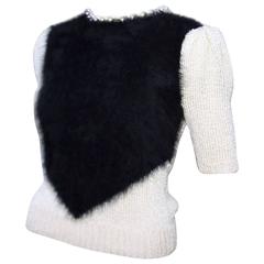 Pearl Embellished 1970's Black Angora Two Tone Sweater Top 