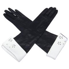 1950's Black Leather Mid Length Gloves With White Cuffs 2