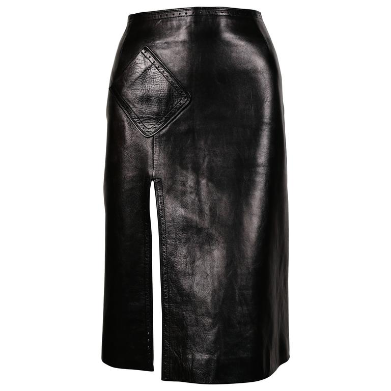 YVES SAINT LAURENT black leather skirt with thigh high slit at 1stDibs