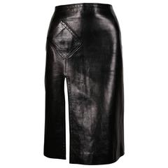 YVES SAINT LAURENT black leather skirt with thigh high slit