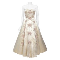 1950's Beaded Embroidered Cream & Pale Pink Satin Strapless Couture Ballgown