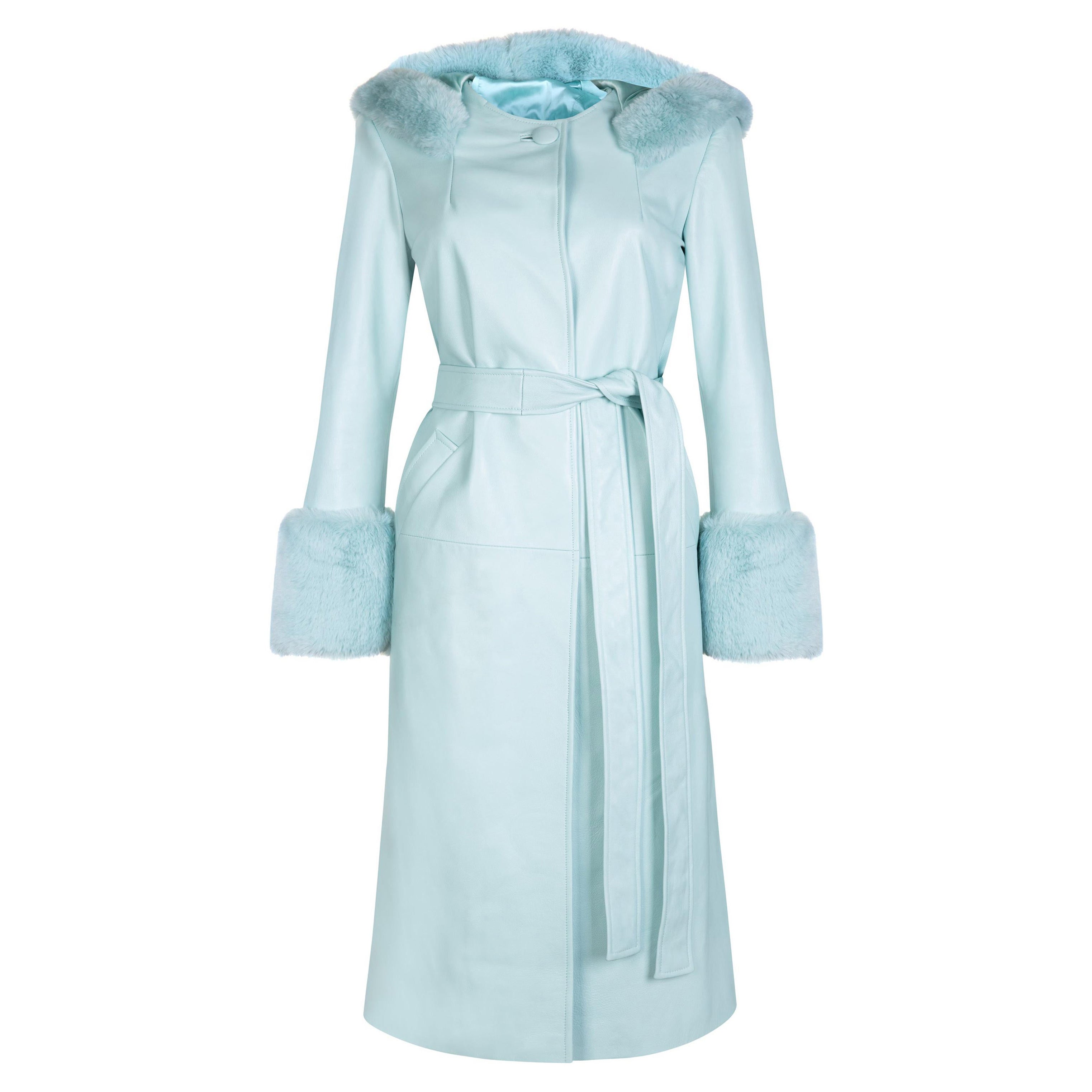 Verheyen London Hooded Leather Coat in Blue Aquamarine & Faux Fur - Size uk 8 For Sale