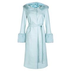 Verheyen London Hooded Leather Coat in Blue Aquamarine & Faux Fur - Size uk 8