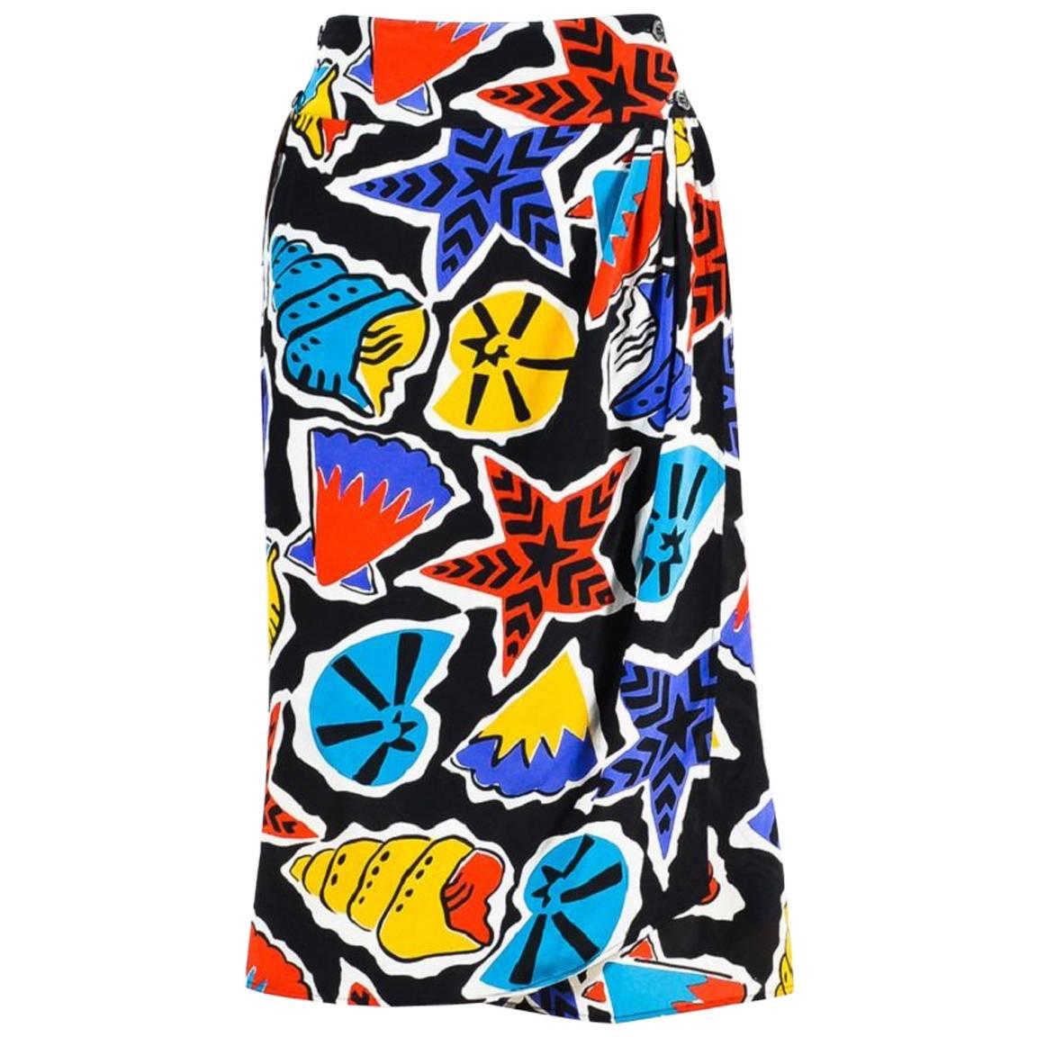 Vintage Karl Lagerfeld Multicolor Silk Seashell Printed Wrap Skirt SZ 42 For Sale