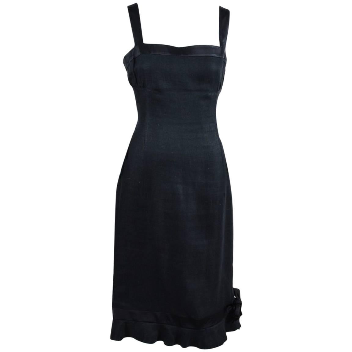 Vintage Valentino Black Woven Flax Linen Bow Detail Flounce Hem Sleeveless Dress For Sale