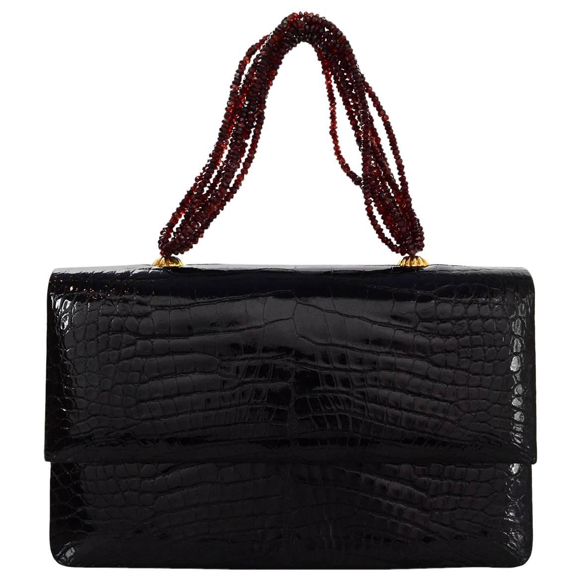 Darby Scott Black Glazed Alligator Garnet Necklace Evening Bag rt. $8, 250