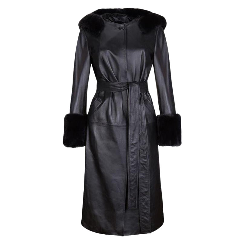Verheyen London Aurora Hooded Leather Trench Coat in Black Faux Fur, Size 10 For Sale