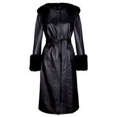 Verheyen London Hooded Leather Trench Coat in Black with Faux Fur - Size uk 10