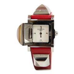 Hermès 1995 Silver With Red Leather Médor Watch
