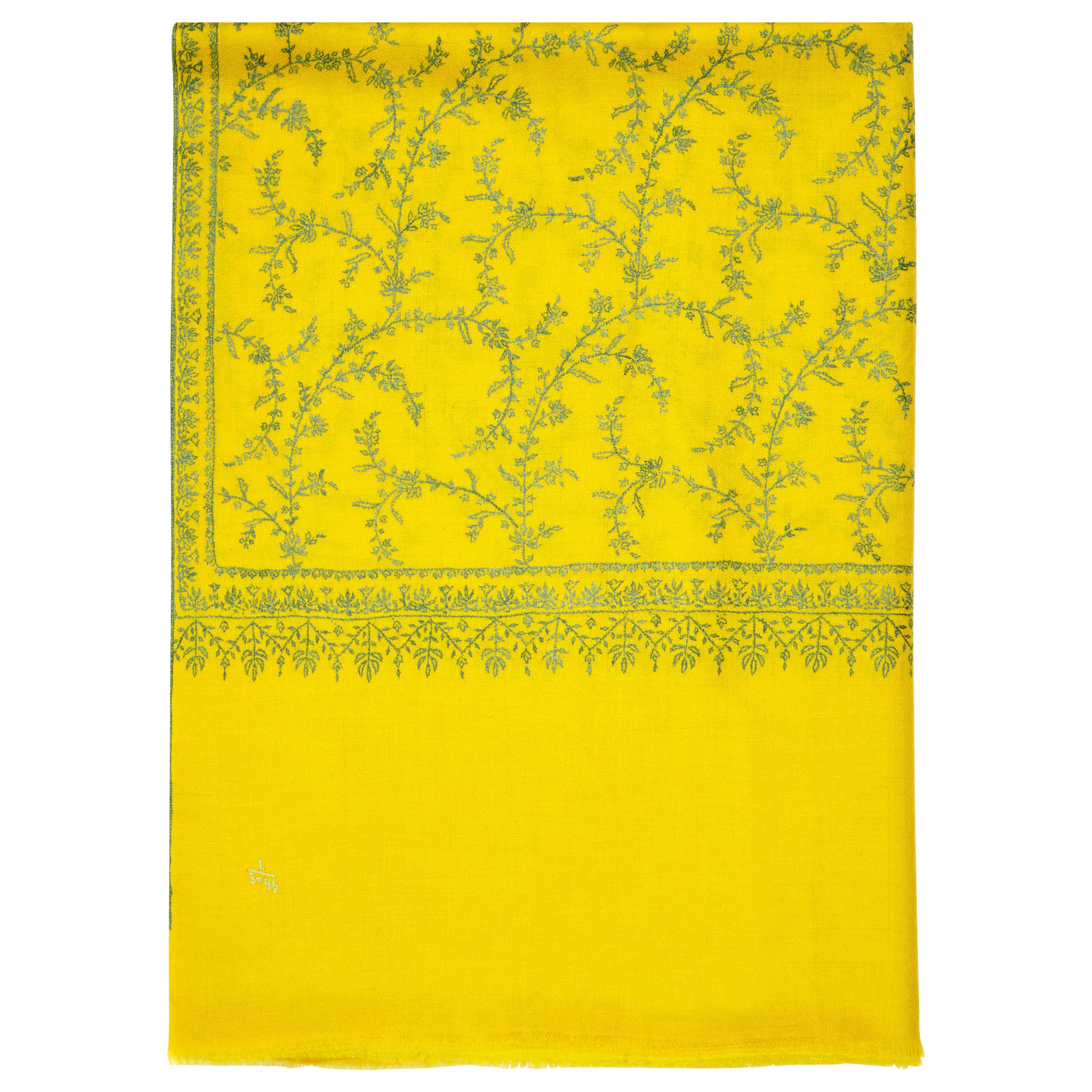 Hand Embroidered 100% Cashmere Shawl Scarf in Yellow Made in Kashmir India