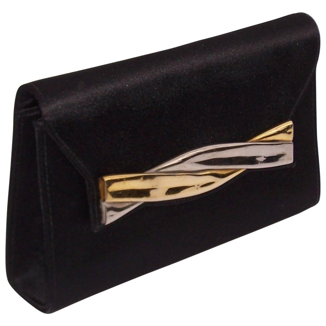 C.1960 Salvatore Ferragamo Black Satin Envelope Clutch