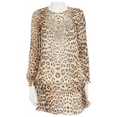 Roberto Cavalli Brown Silk Leopard Crystal Dress Size XS