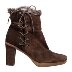 Stuart Weitzman Brown Suede Fur Trim Heeled Boots Size UK 6.5