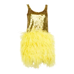Valentino Garavani Yellow Feather-Trimmed Sequinned Mini Dress Size XXS