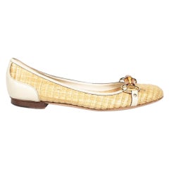 Gucci Beige Raffia & Leather Bamboo Horsebit Flats Size US 8