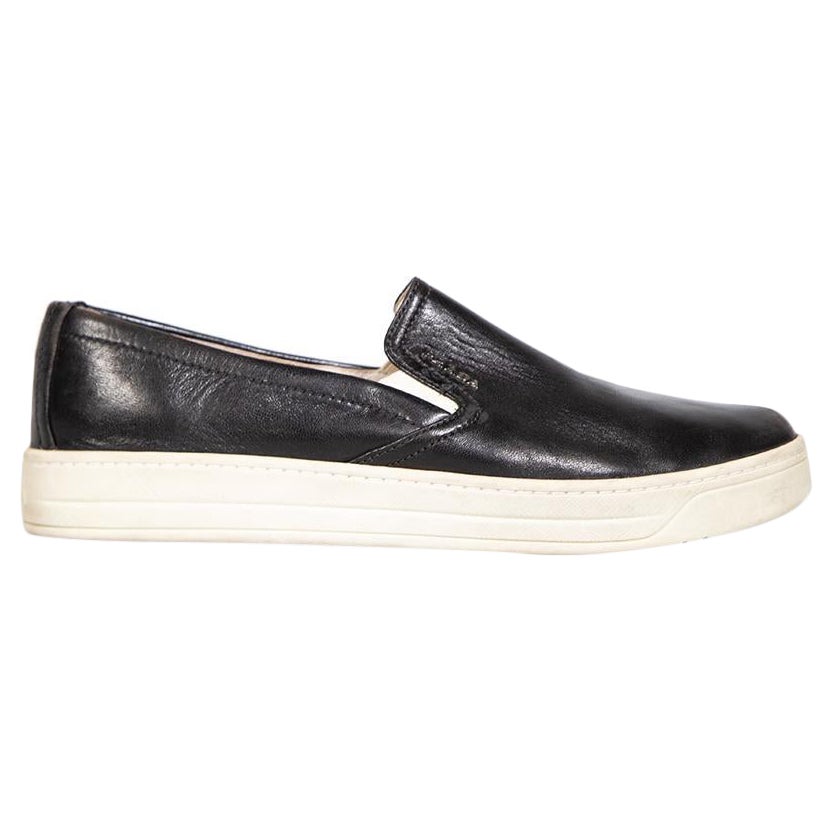 Prada Black Leather Round Toe Loafers Size IT 37.5 For Sale