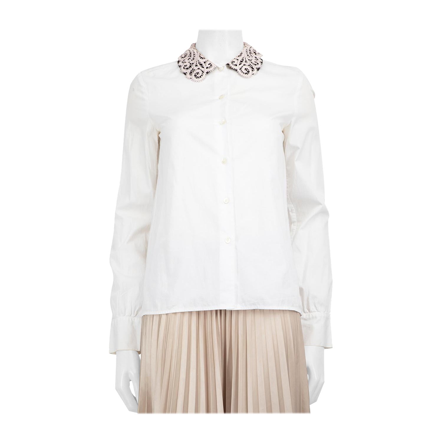 Miu Miu White Cotton Embroidered Collar Shirt Size S For Sale
