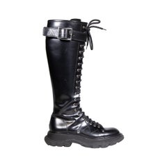 Alexander McQueen Black Leather Knee High Buckled Boots Size IT 37.5
