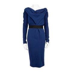 Victoria Beckham Blue Wool Midi Belted Dress Size M