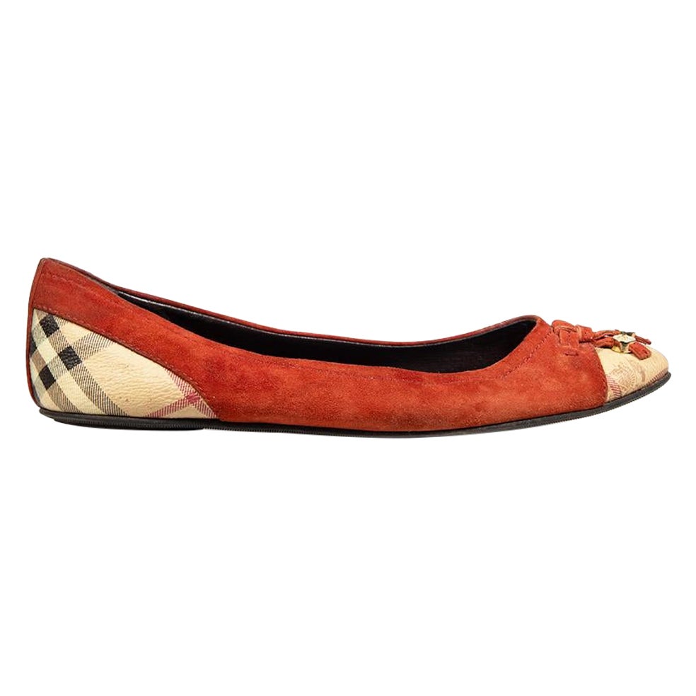 Burberry Orange Suede Nova Check Cap Toe Flats Size IT 38