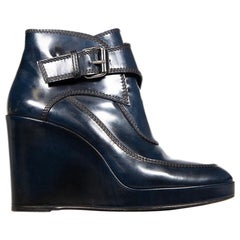 Balenciaga Navy Leather Wedge Heel Boots Size IT 37
