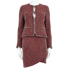 Chanel Red & Grey Wool Skirt & Blazer Set Size XS
