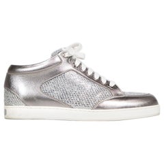 Jimmy Choo Silver Leather Glitter Panel Trainers Size IT 36.5