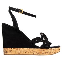 Prada Black Suede Cut Out Wedge Sandals Size IT 38