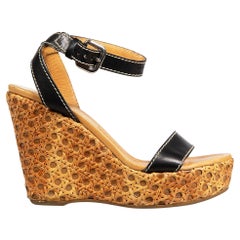 Prada Black Leather Strap High Wedge Sandals Size IT 39