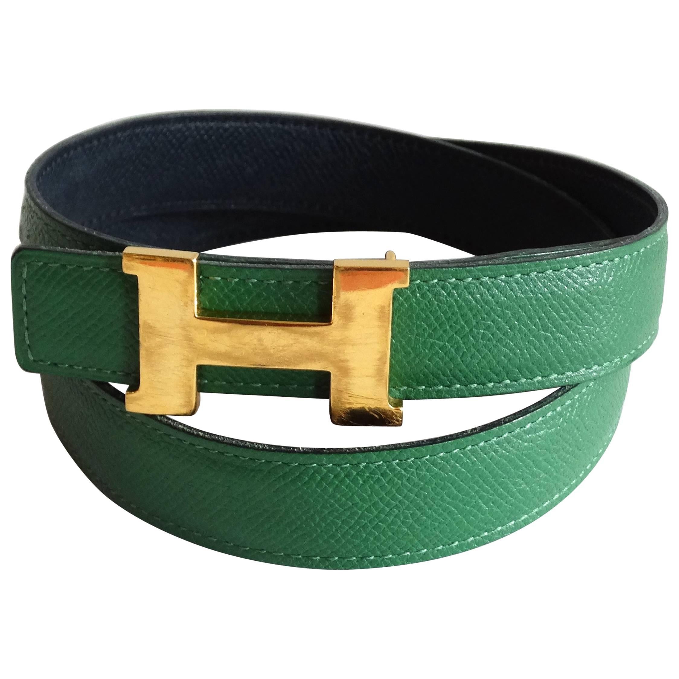 Hermes Kelly Green Belt With Mini Constance Gold Tone Buckle