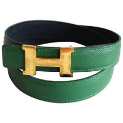 Vintage Hermes Kelly Green Belt With Mini Constance Gold Tone Buckle