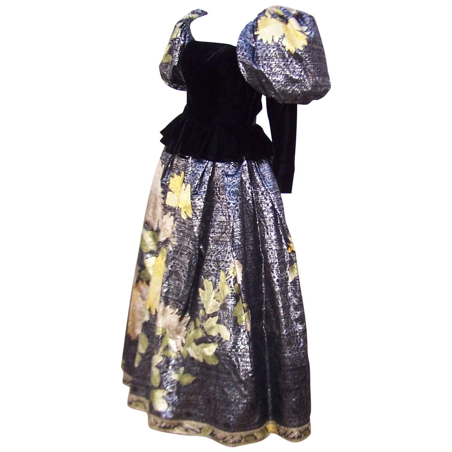 1980's Leonard Black Velvet &  Metallic Silk Evening Gown 