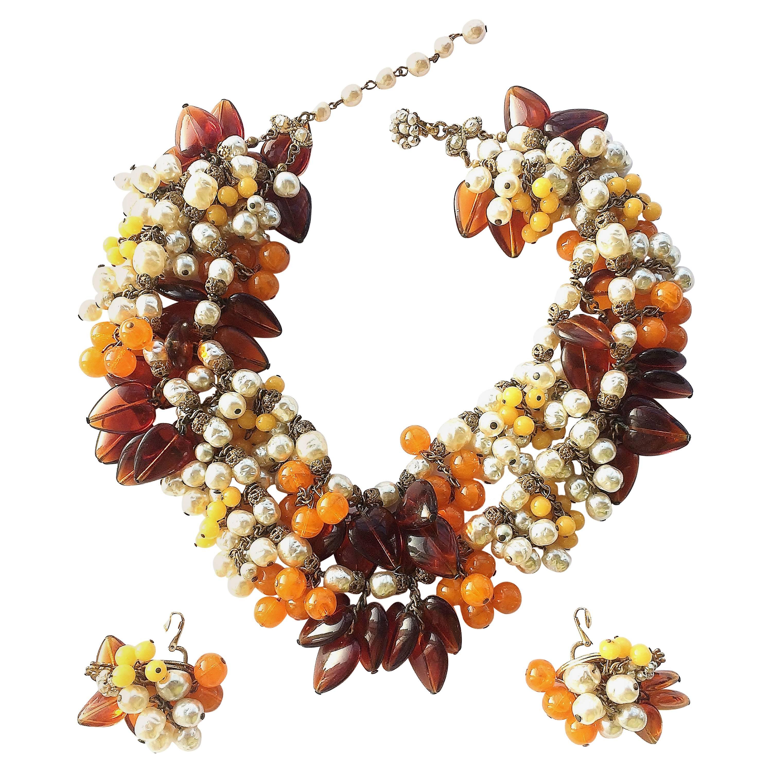 Miriam Haskell, collier de perles baroques et de verre avec boucles d'oreilles assorties, années 1960 en vente
