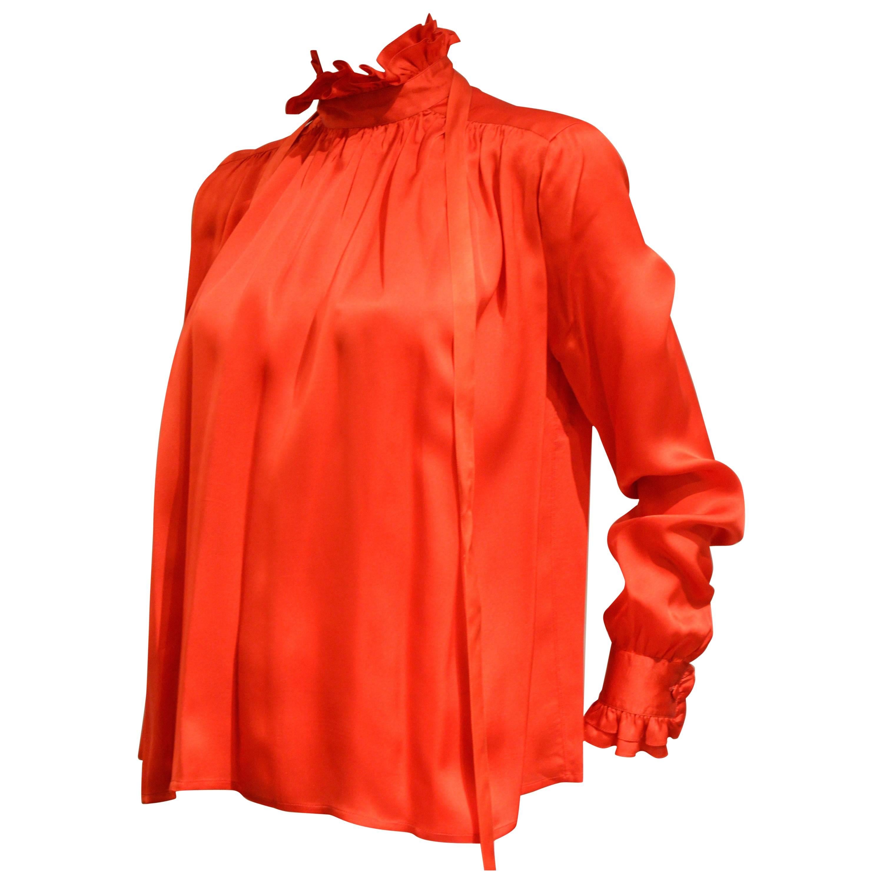 Gorgeous 1990s Chanel Vivid Red Silk Blouse For Sale