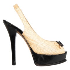 Fendi Black & Beige Patent Leather Raffia Platform Heels Size IT 37.5