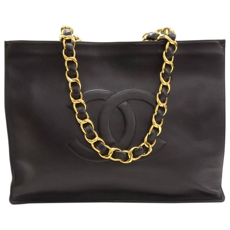 Chanel Vintage Black Caviar Chain Weekender Carryall Travel Shopper Tote Bag