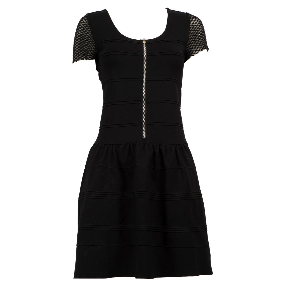 Maje Schwarzer Rücken Mesh Panel Zip Front Minikleid Größe L