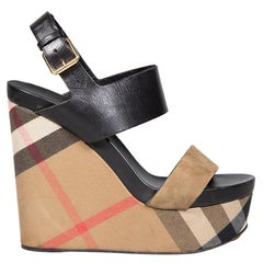 Burberry Brown Check Leather Wedge Sandals Size IT 37
