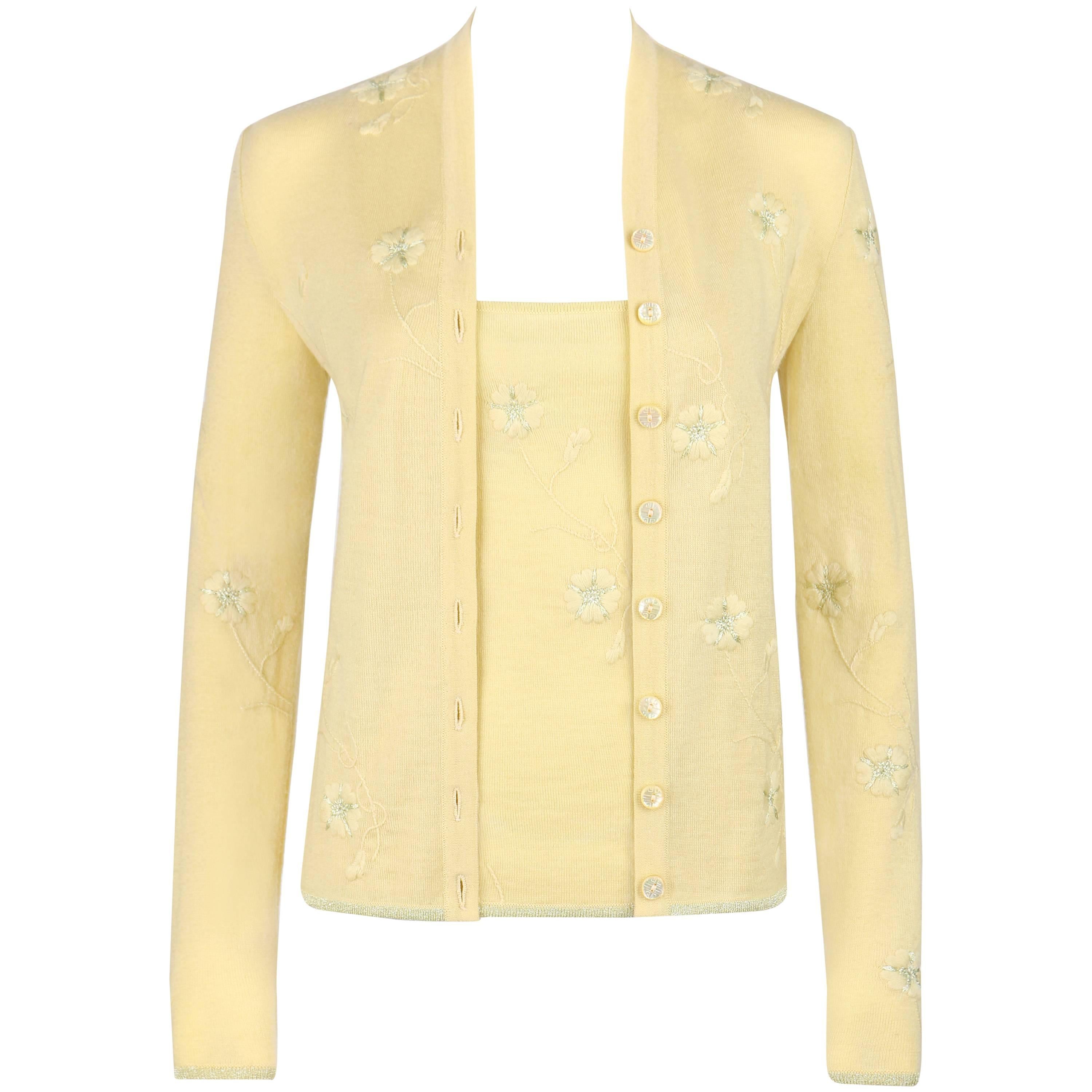 GIVENCHY Couture S/S 1998 ALEXANDER MCQUEEN Pale Yellow Floral Cardigan Top Set For Sale