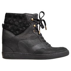Louis Vuitton Black Leather Hightop Wedge Trainers Size IT 37.5