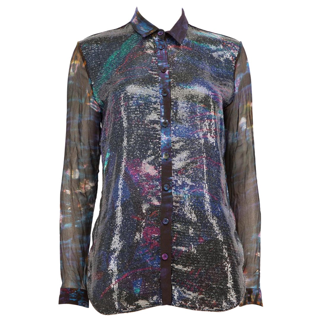 Erdem Blue Silk Sequinned Sheer Shirt Size M For Sale