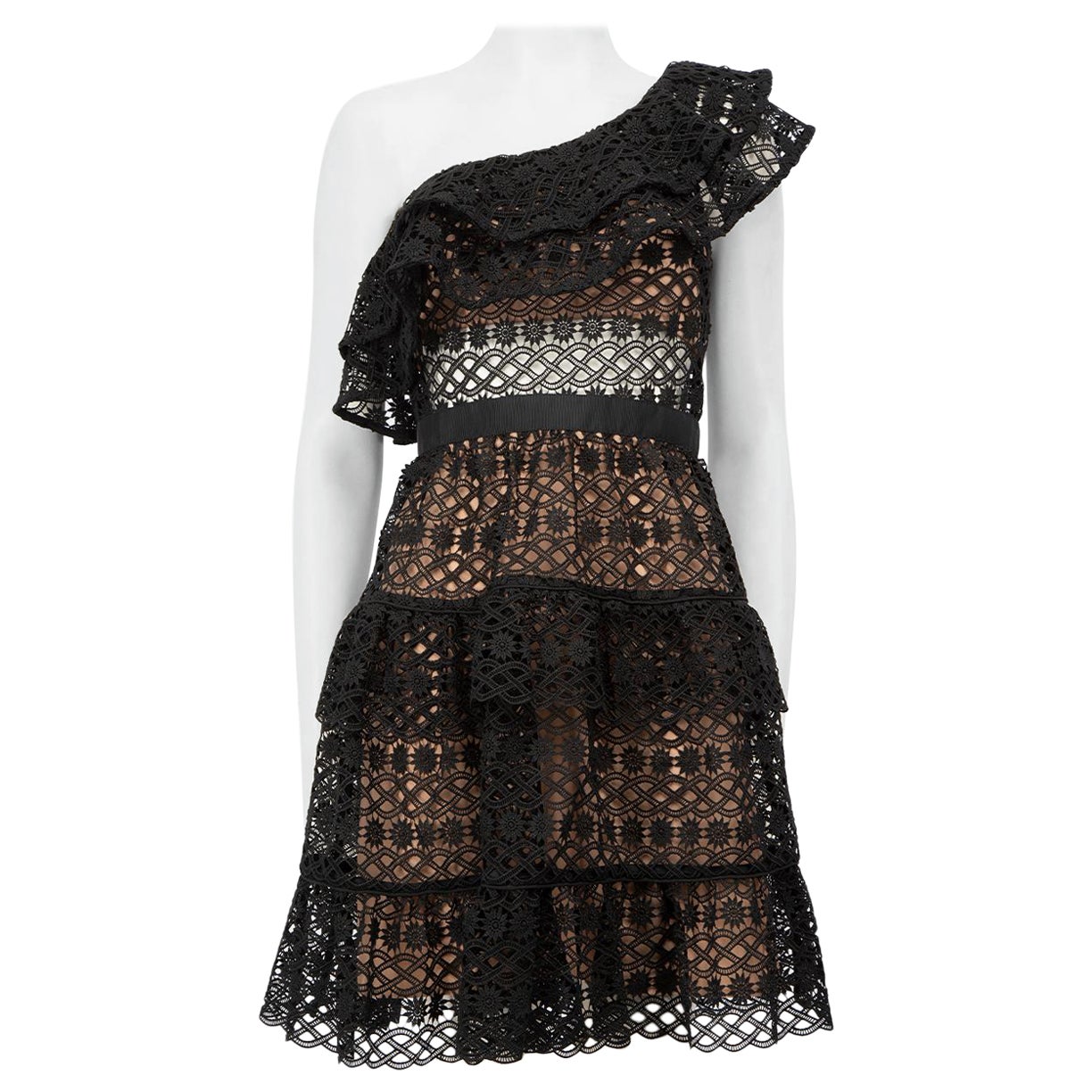 Self-Portrait Black Lace One Shoulder Mini Dress Size S For Sale