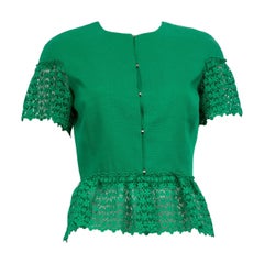 Carolina Herrera Green Floral Lace Trim Top Size M