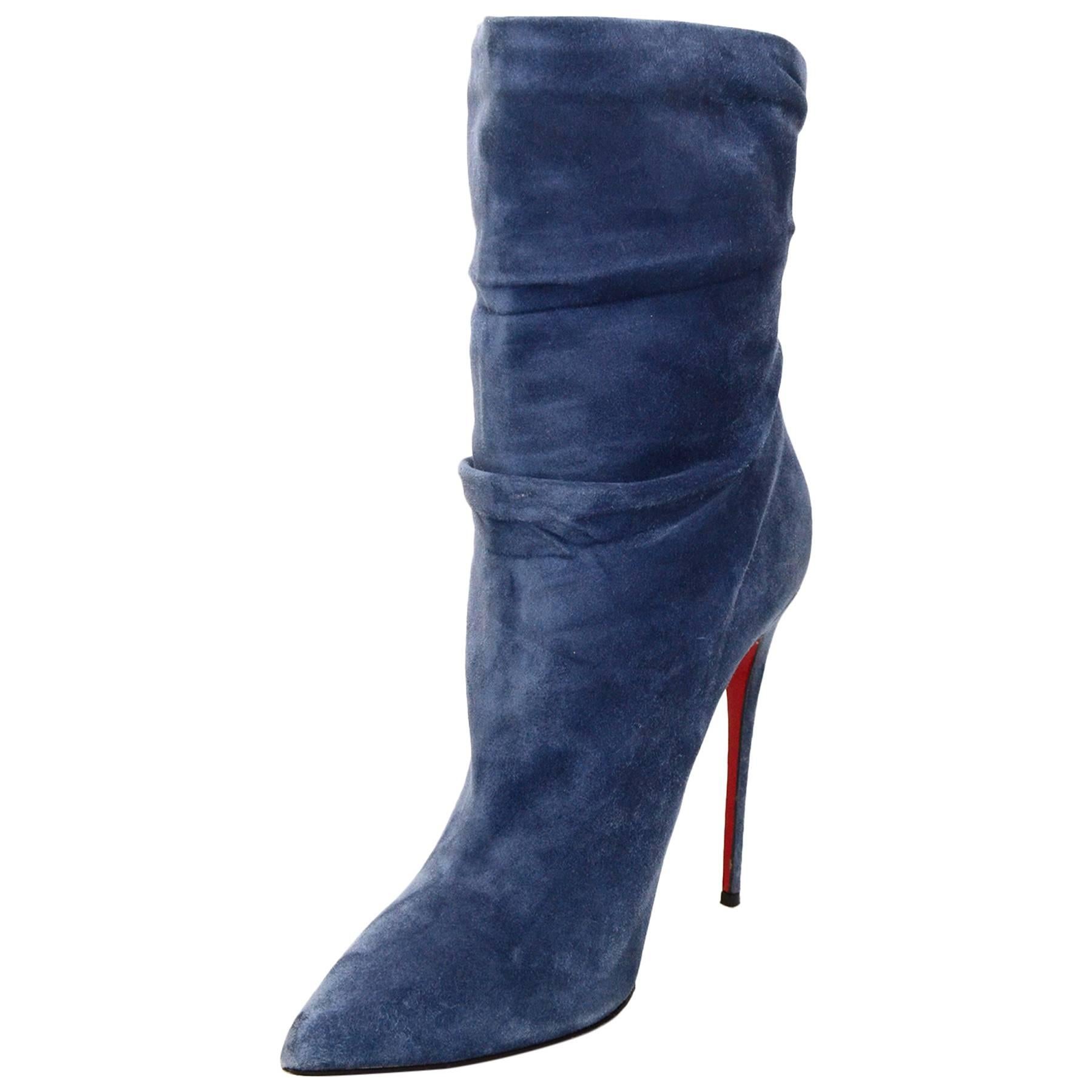Christian Louboutin Blue Suede Short Ruched Boots sz 41 w/DB