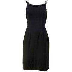 Retro 1950s Anne Fogarty Black Linen Fitted Cocktail Dress With Pom Poms